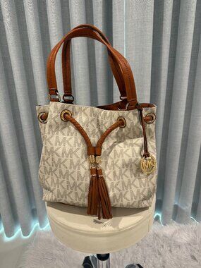 Michael Kors Brown & Tan Logo Drawstring Hobo with Tassels